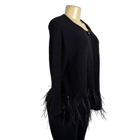 Chicos Womens Black Acrylic/Nylon/Wool Feather Trim Long Sleeve Cardigan Size 2 - Picture 2 of 11